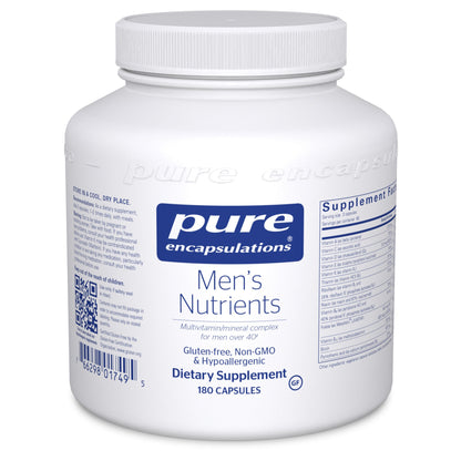 A white bottle of Pure Encapsulations Men's Nutrients with a blue label, containing 180 capsules for dietary supplement.