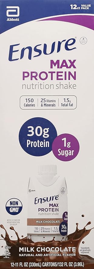 An 11 oz. carton of Ensure Max Protein Nutrition Shake in Milk Chocolate flavor, with a label indicating 30g of protein, 1.