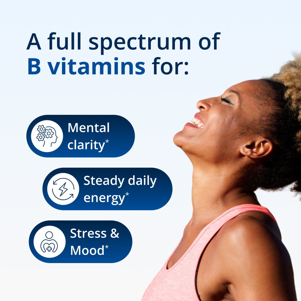 Woman with text about B vitamins' benefits on a light blue background