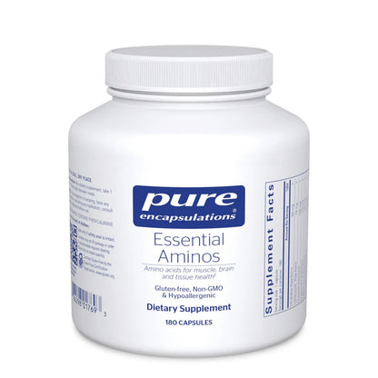 A white bottle with a blue and white label that reads 'Pure Encapsulations Essential Aminos', containing 180 capsules.