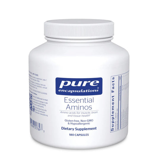 A white bottle with a blue and white label that reads 'Pure Encapsulations Essential Aminos', containing 180 capsules.