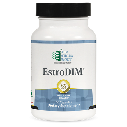 A bottle of OrthoMolecular Products EstroDIM dietary supplement with 60 capsules, labeled for endocrine health.