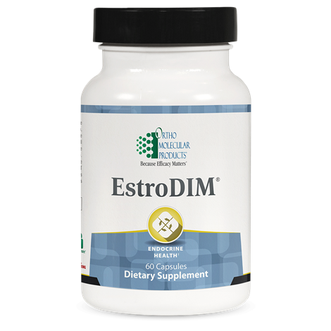 A bottle of OrthoMolecular Products EstroDIM dietary supplement with 60 capsules, labeled for endocrine health.