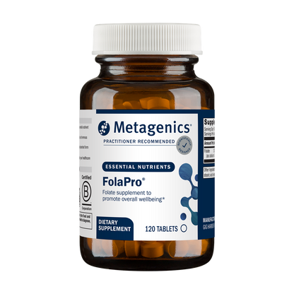 Metagenics FolaPro dietary supplement bottle on a white background