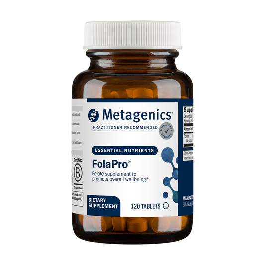 Metagenics FolaPro dietary supplement bottle on a white background