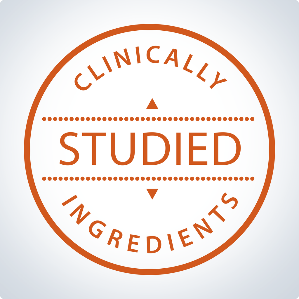Circular logo with 'Clinically Studied Ingredients' text on a light gray background