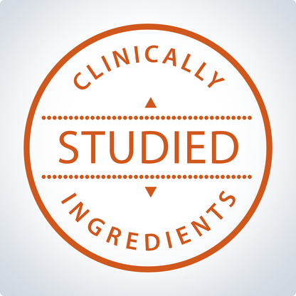 Circular logo with 'Clinically Studied Ingredients' text on a light gray background