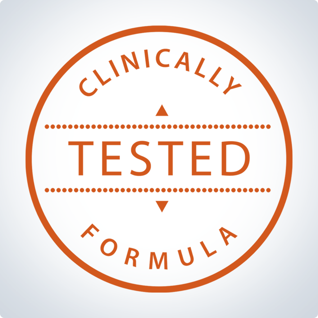 Round 'Clinically Tested Formula' stamp logo on a light gray background