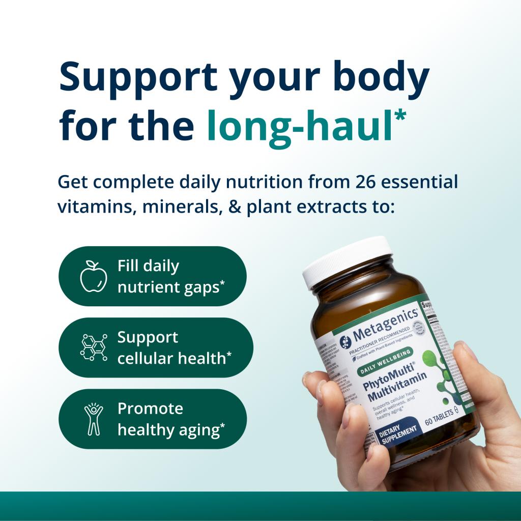 Metagenics PhytoMulti Multivitamin bottle held by a hand with promotional text on a light blue background