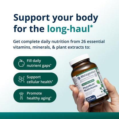 Metagenics PhytoMulti Multivitamin bottle held by a hand with promotional text on a light blue background