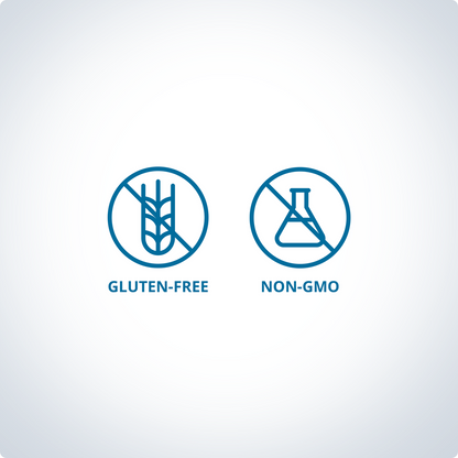 Icons for gluten-free and non-GMO products on a light gray background