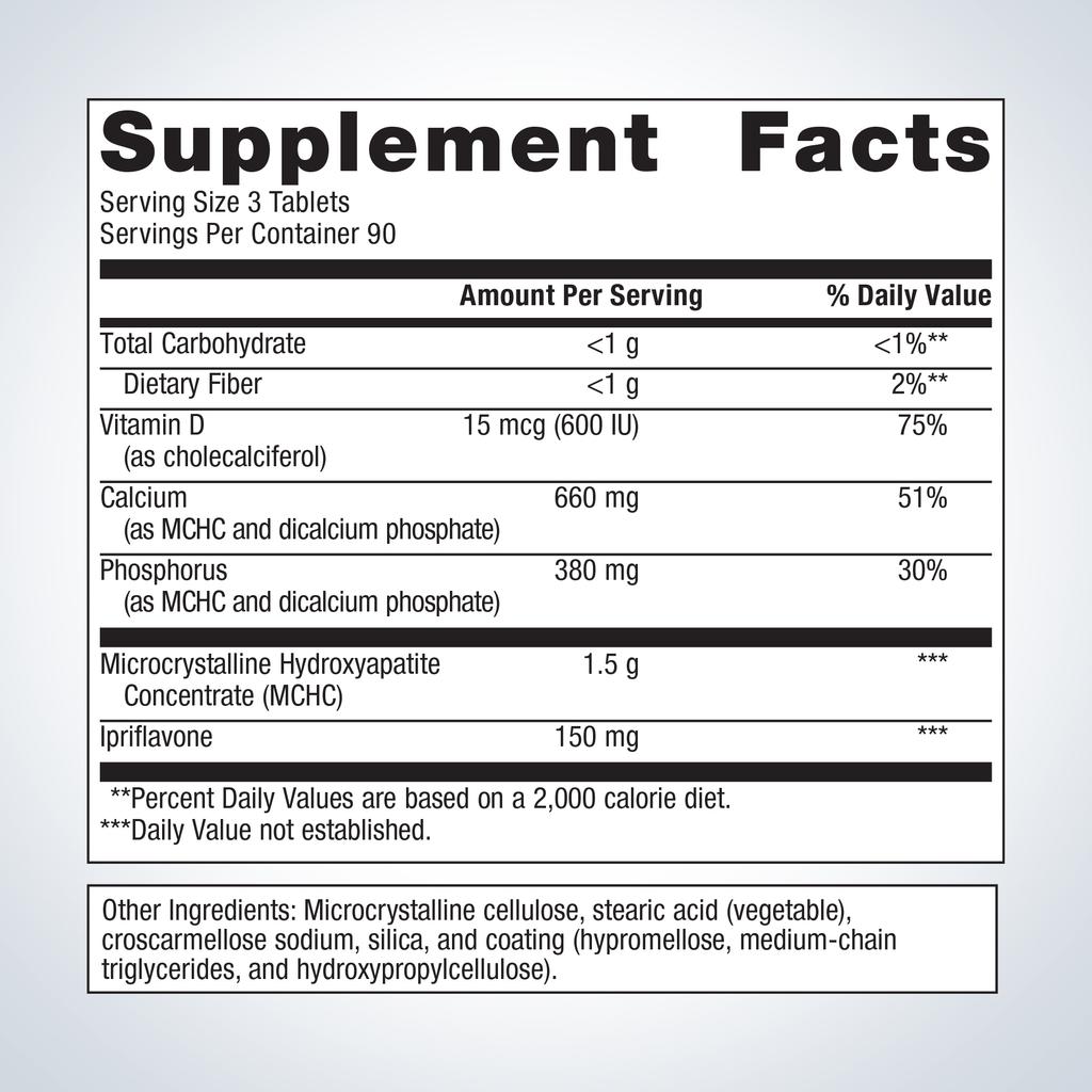 Supplement facts label with detailed nutritional information on a light gray background