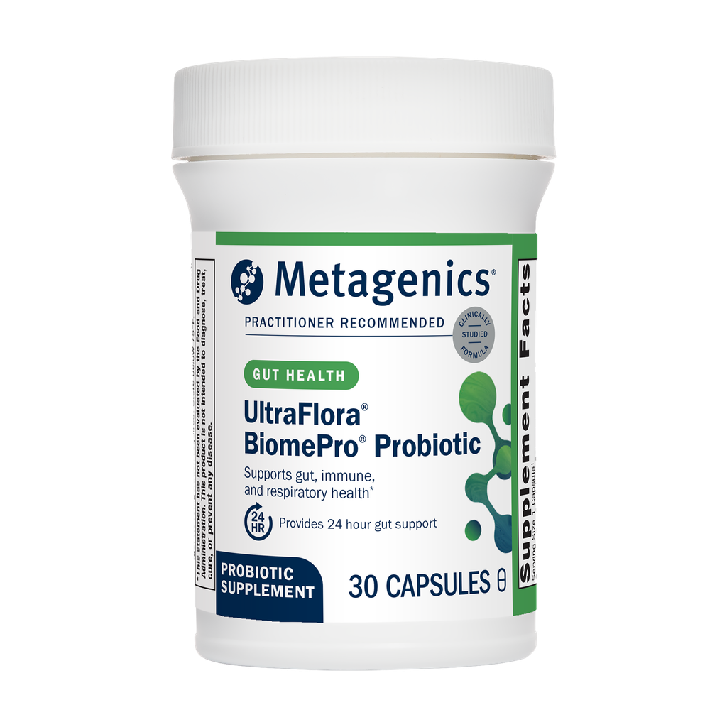 Metagenics UltraFlora BiomePro Probiotic container on a white background