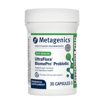 Metagenics UltraFlora BiomePro Probiotic container on a white background