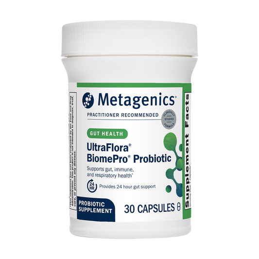 Metagenics UltraFlora BiomePro Probiotic container on a white background