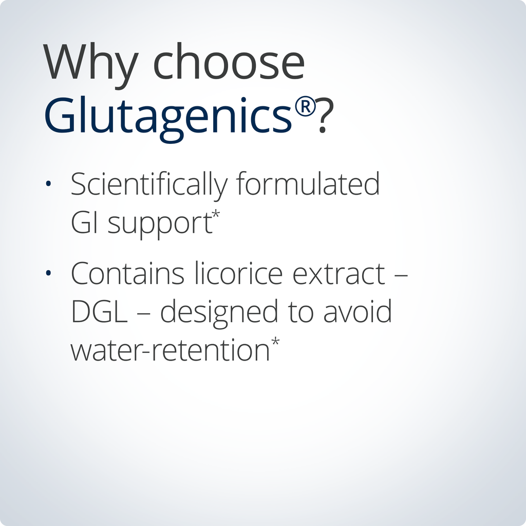 Promotional text about Glutagenics with scientific claims on a light gray background