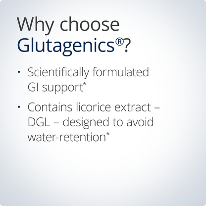 Promotional text about Glutagenics with scientific claims on a light gray background