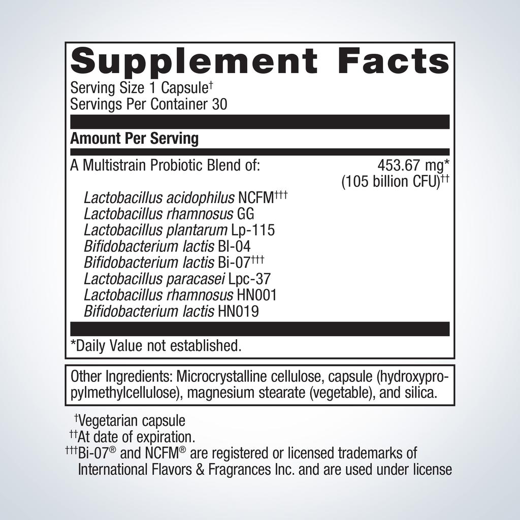 Supplement facts label for a multistrain probiotic blend on a white background