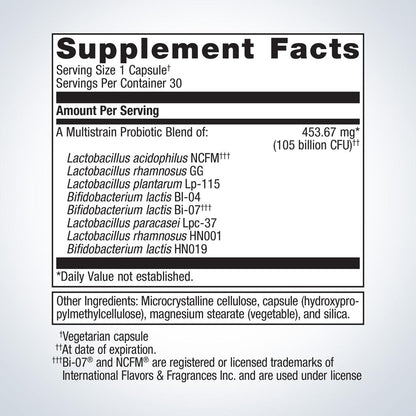 Supplement facts label for a multistrain probiotic blend on a white background