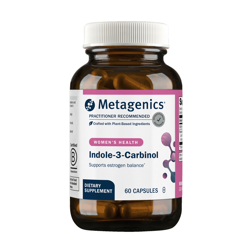 A bottle of Metagenics Indole-3-Carbinol dietary supplement with a white cap and amber brown bottle, containing 60 capsules, on a white background.