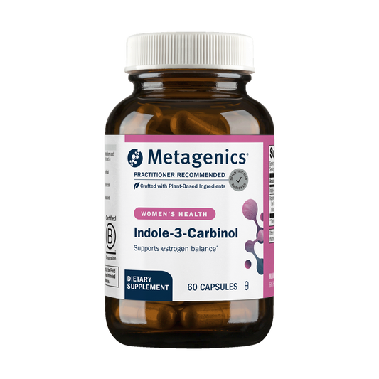 A bottle of Metagenics Indole-3-Carbinol dietary supplement with a white cap and amber brown bottle, containing 60 capsules, on a white background.