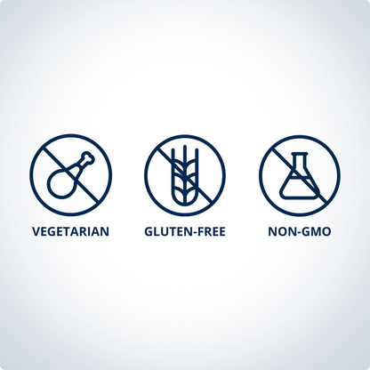 Three icons representing vegetarian, gluten-free, and non-GMO dietary labels on a white background.