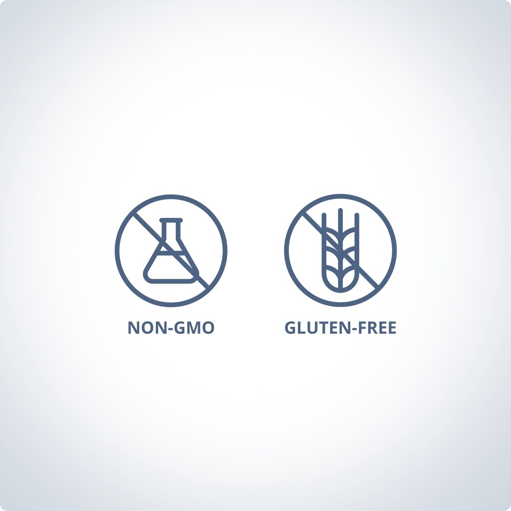 Non-GMO and gluten-free certification symbols on a white background