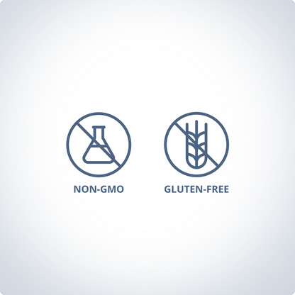 Non-GMO and gluten-free certification symbols on a white background