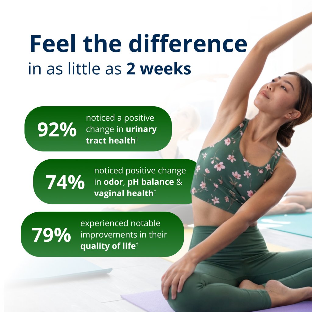 Woman in green athletic wear stretching with health benefits text overlay on a white background