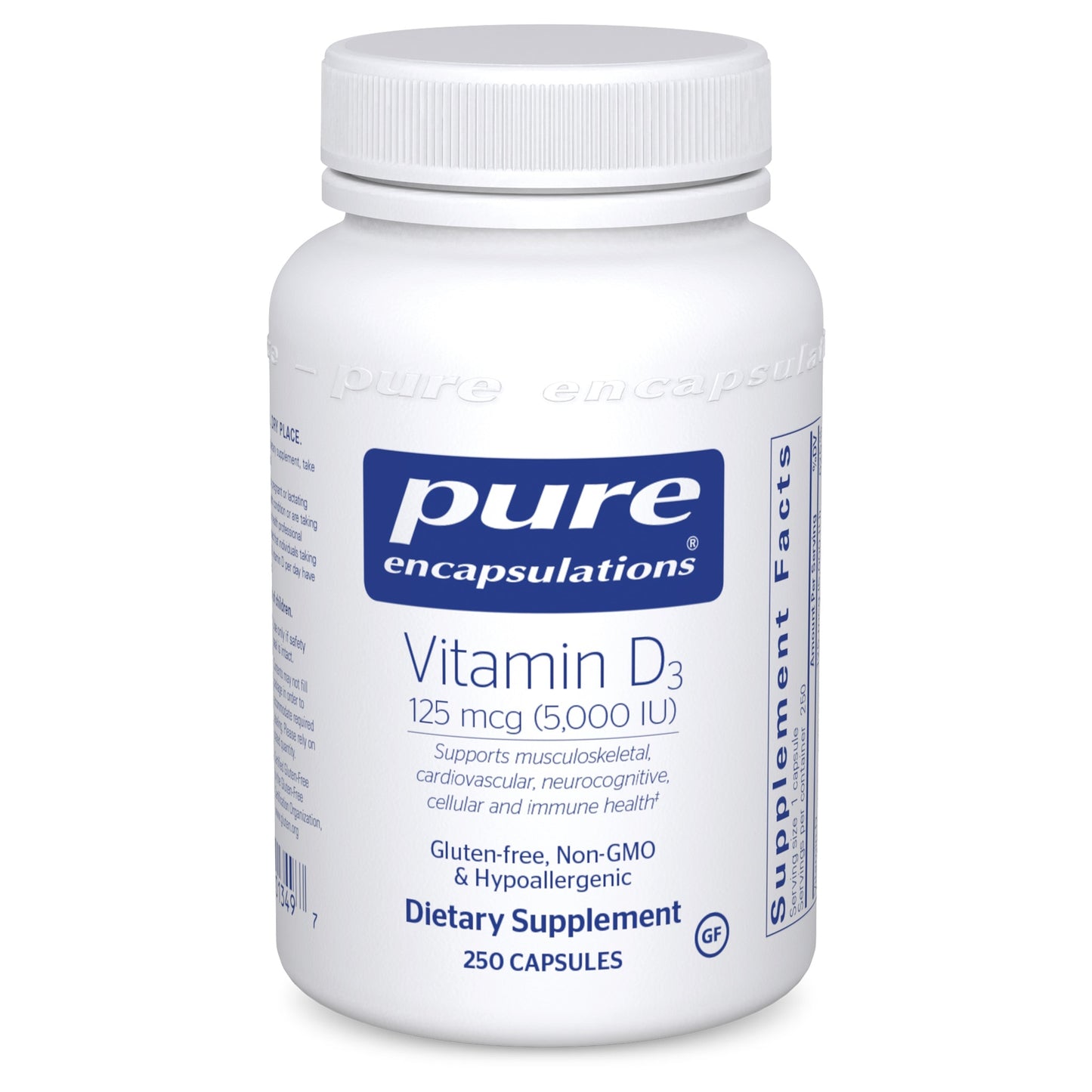 A bottle of Pure Encapsulations Vitamin D3 supplement with 250 capsules, marked with 125 mcg (5,000 IU) dosage.
