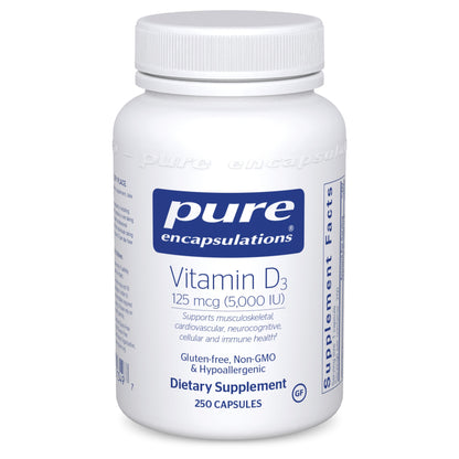 A bottle of Pure Encapsulations Vitamin D3 supplement with 250 capsules, marked with 125 mcg (5,000 IU) dosage.
