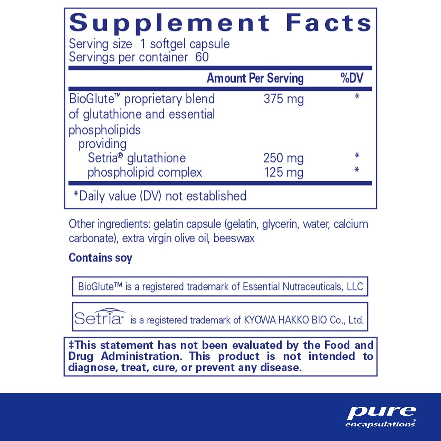 Supplment facts and ingredient information for a bottle of Pure Encapsulations Liposomal Glutathione dietary supplement