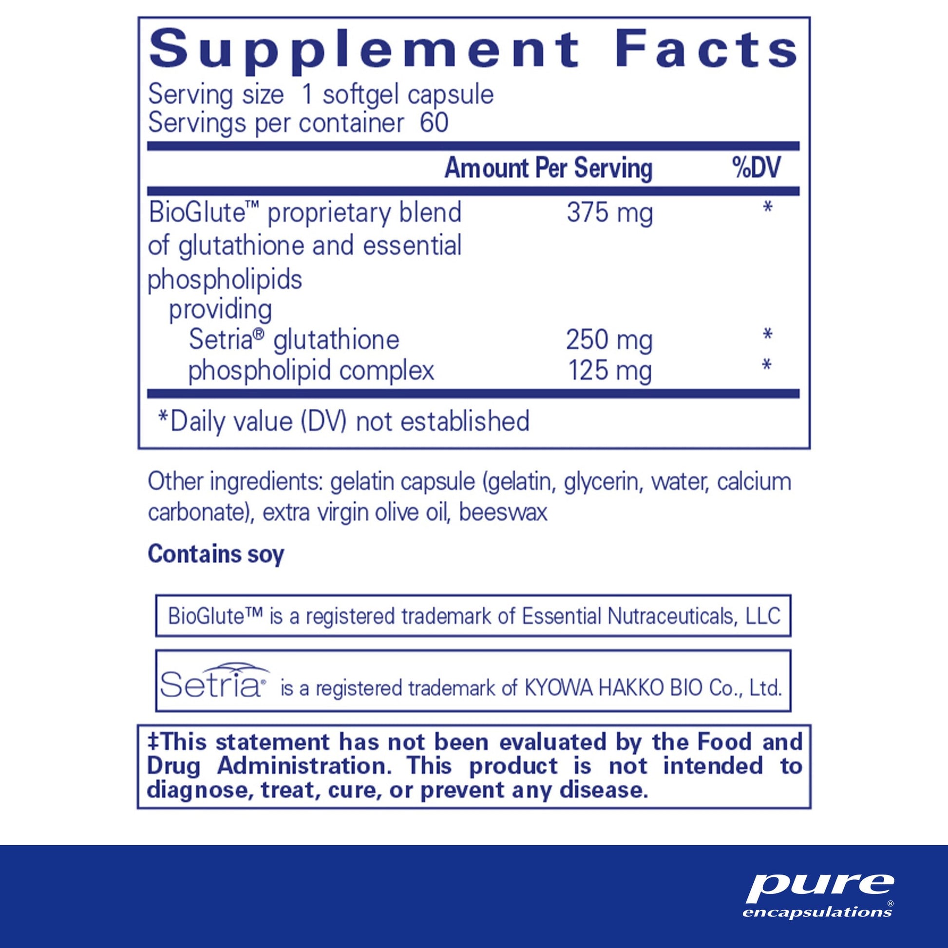 Supplment facts and ingredient information for a bottle of Pure Encapsulations Liposomal Glutathione dietary supplement