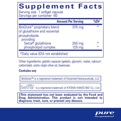 Supplment facts and ingredient information for a bottle of Pure Encapsulations Liposomal Glutathione dietary supplement