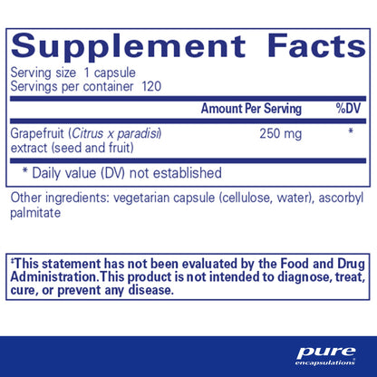 Supplement facts for a A bottle of Pure Encapsulations Grapefruit Seed Extract dietary supplement 