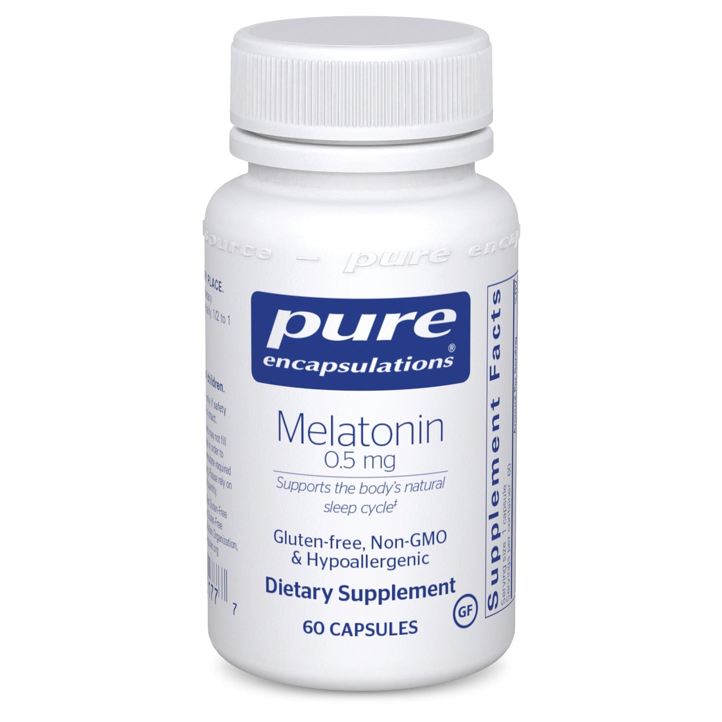 A bottle of Pure Encapsulations Melatonin 0.5 mg dietary supplement containing 60 capsules, with labels indicating it is gluten-free, non-GMO, and hypoallergenic.