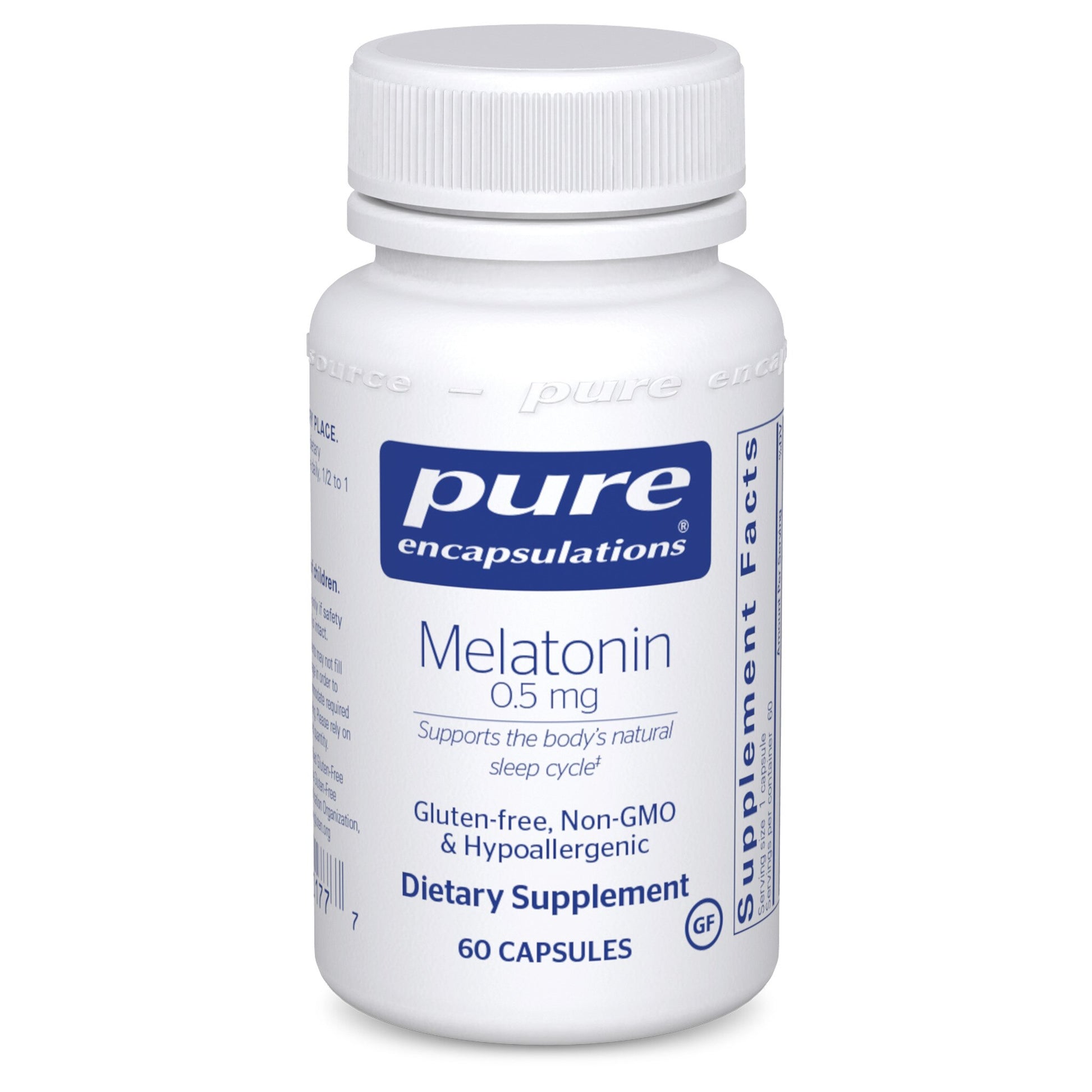 A bottle of Pure Encapsulations Melatonin 0.5 mg dietary supplement containing 60 capsules, with labels indicating it is gluten-free, non-GMO, and hypoallergenic.