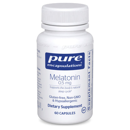 A bottle of Pure Encapsulations Melatonin 0.5 mg dietary supplement containing 60 capsules, with labels indicating it is gluten-free, non-GMO, and hypoallergenic.