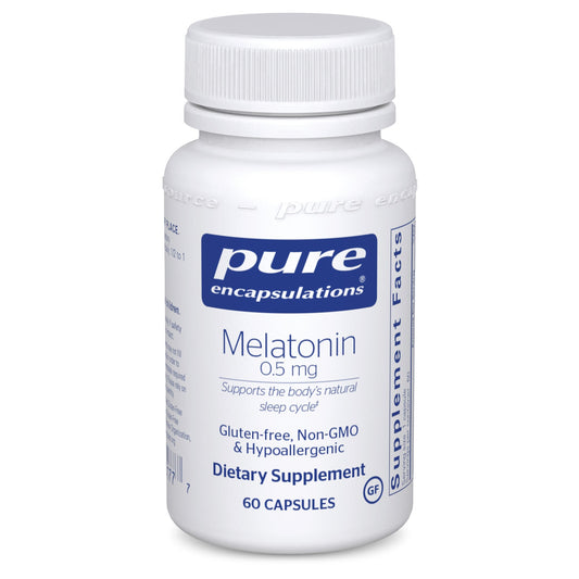 A bottle of Pure Encapsulations Melatonin 0.5 mg dietary supplement containing 60 capsules, with labels indicating it is gluten-free, non-GMO, and hypoallergenic.