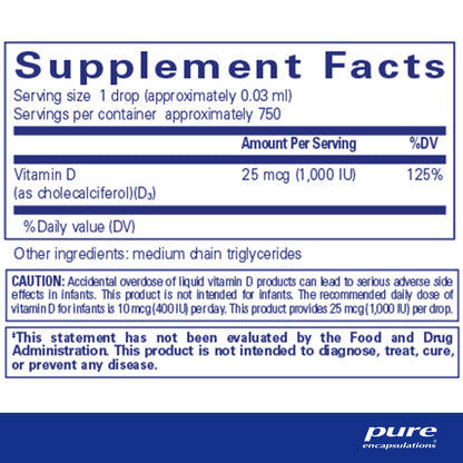 Supplent facts and ingedient information for a bottle of Pure Encapsulations Vitamin D3 liquid dietary supplement