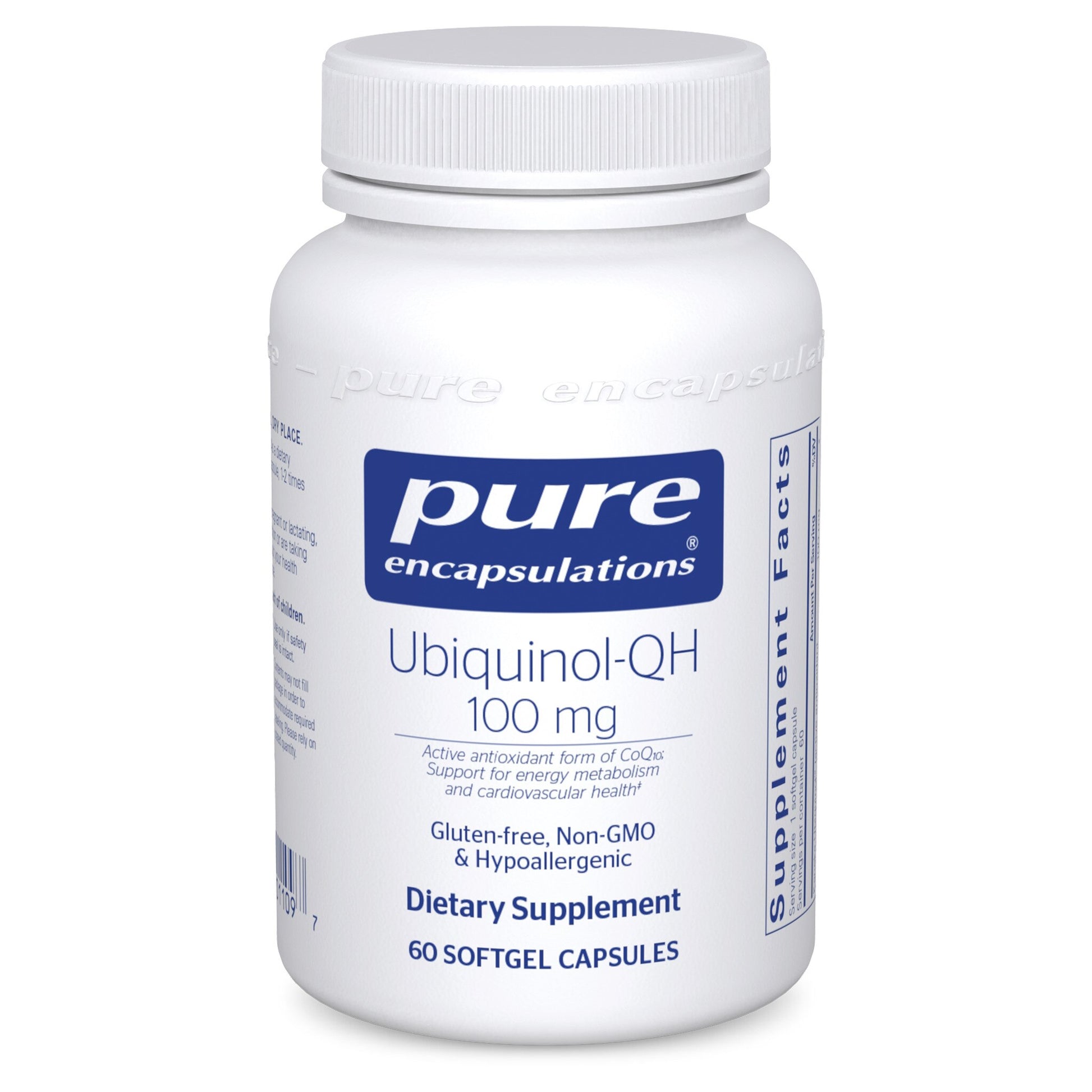 A bottle of Pure Encapsulations Ubiquinol-QH 100 mg softgel capsules.