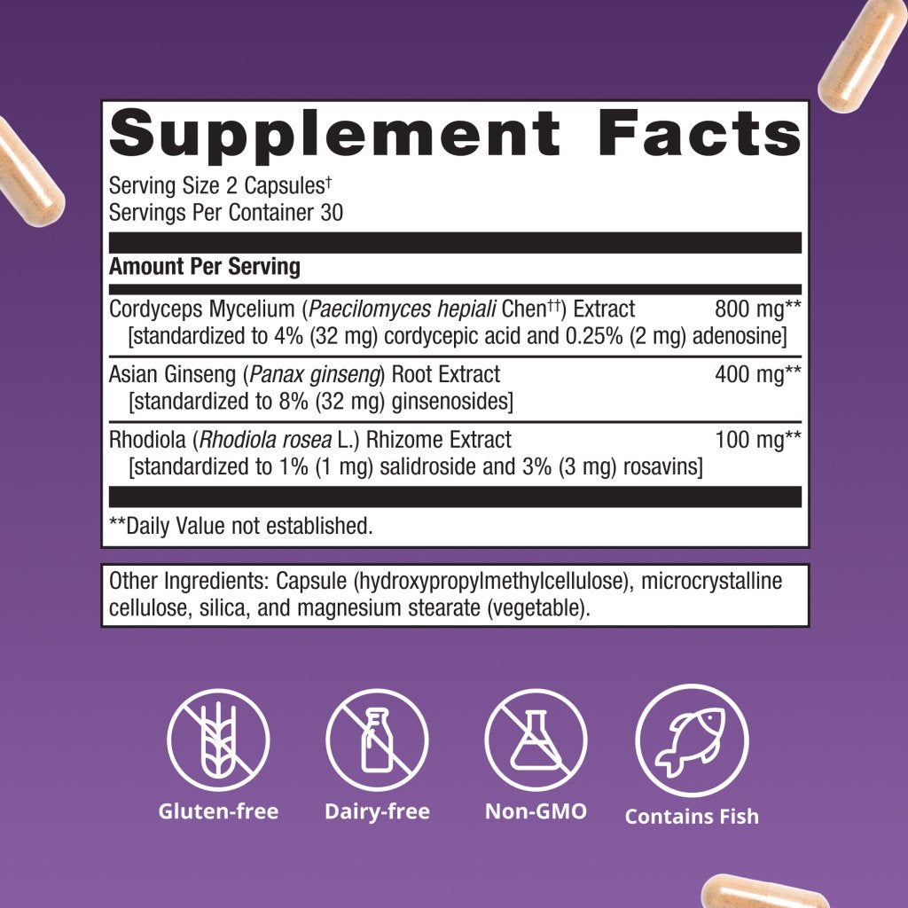 Supplement facts label with ingredients and nutritional information on a purple background