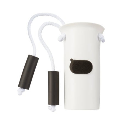 A white sock or stocking aid with black handles and a foam patch on one side.