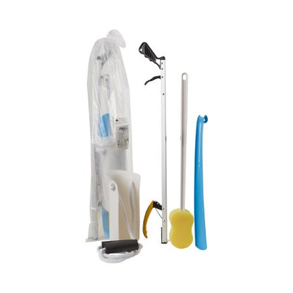 An ADL Hip / Knee Equipment Kit containing a 26 inch reacher, a 18 inch shoehorn, a sock aid, and a handled bath sponge, all in clear packaging.