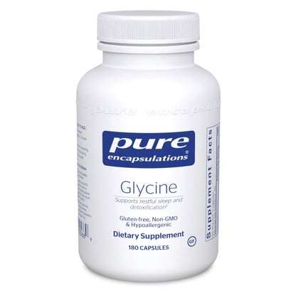 A bottle of Pure Encapsulations Glycine dietary supplement with 180 capsules. The label indicates it supports restful sleep and detoxification.