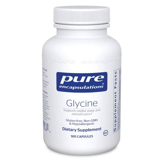 A bottle of Pure Encapsulations Glycine dietary supplement with 180 capsules. The label indicates it supports restful sleep and detoxification.
