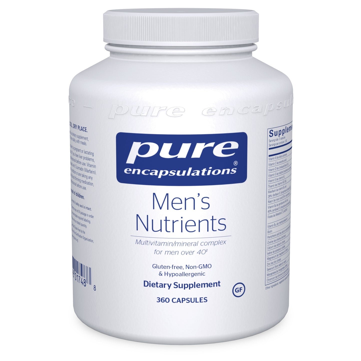 A white bottle of Pure Encapsulations Men's Nutrients with a blue label, containing 360 capsules for dietary supplement.