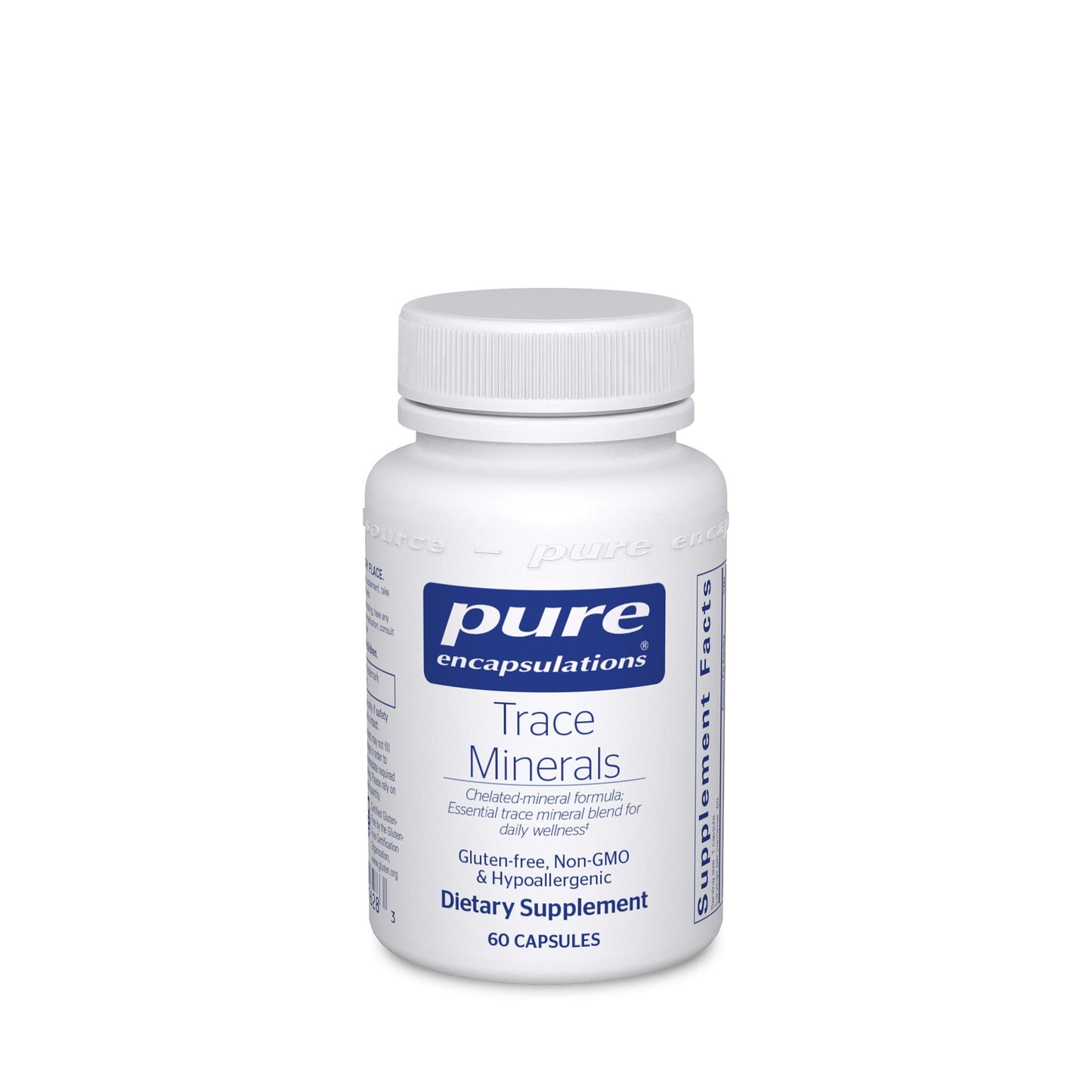 A bottle of Pure Encapsulations Trace Minerals dietary supplement with 60 capsules.