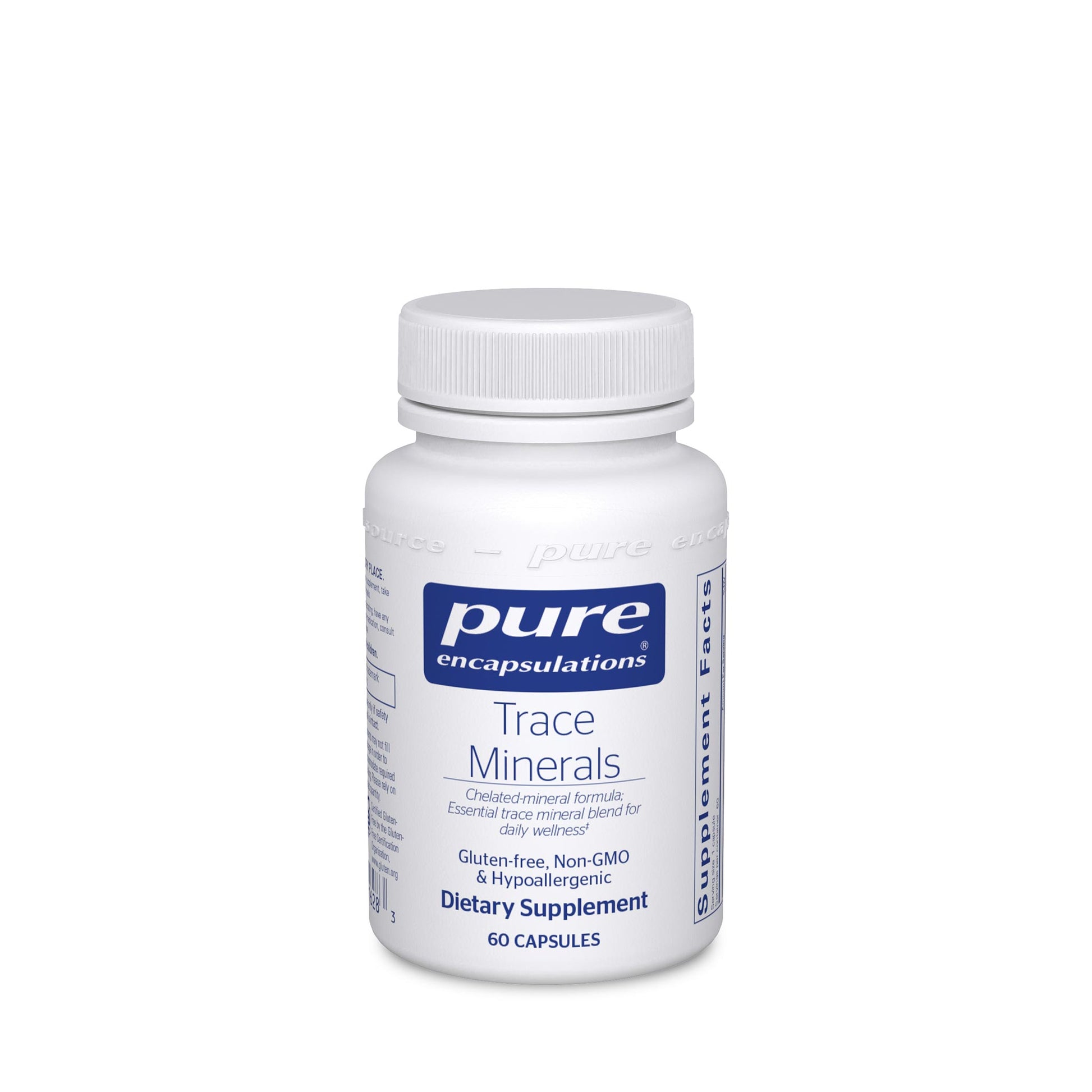 A bottle of Pure Encapsulations Trace Minerals dietary supplement with 60 capsules.