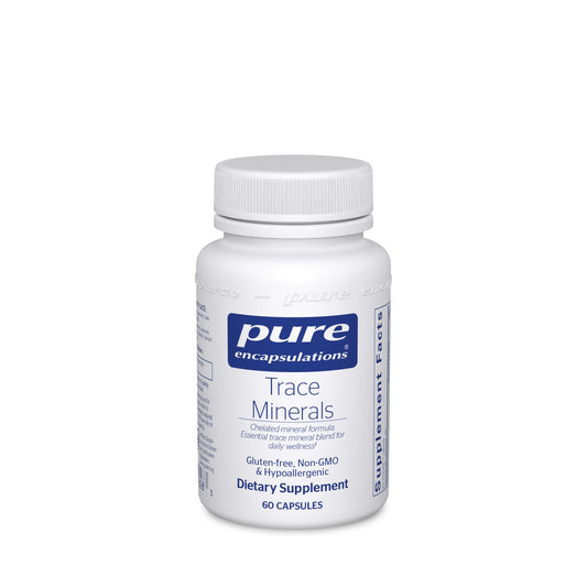 A bottle of Pure Encapsulations Trace Minerals dietary supplement with 60 capsules.